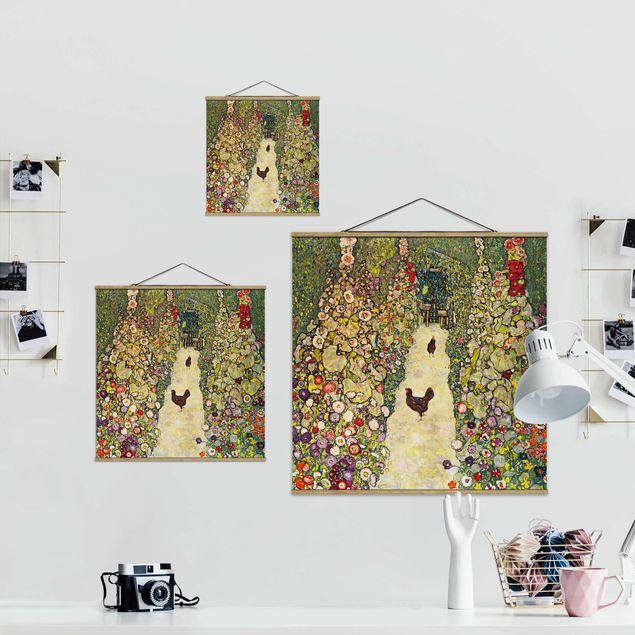 Quadro su tessuto con stecche per poster - Gustav Klimt - Garden Way con i polli - Quadrato 1:1