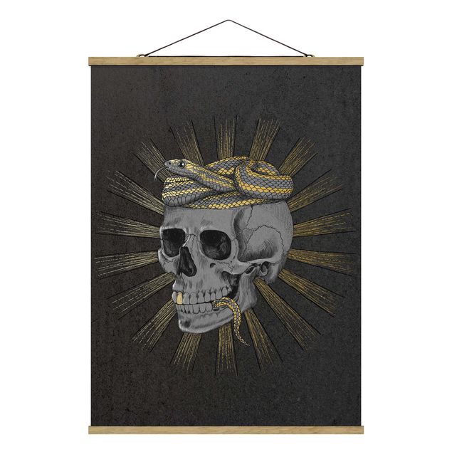 Foto su tessuto da parete con bastone - Laura Graves - Illustrazione Cranio e serpente Black Gold - Verticale 4:3