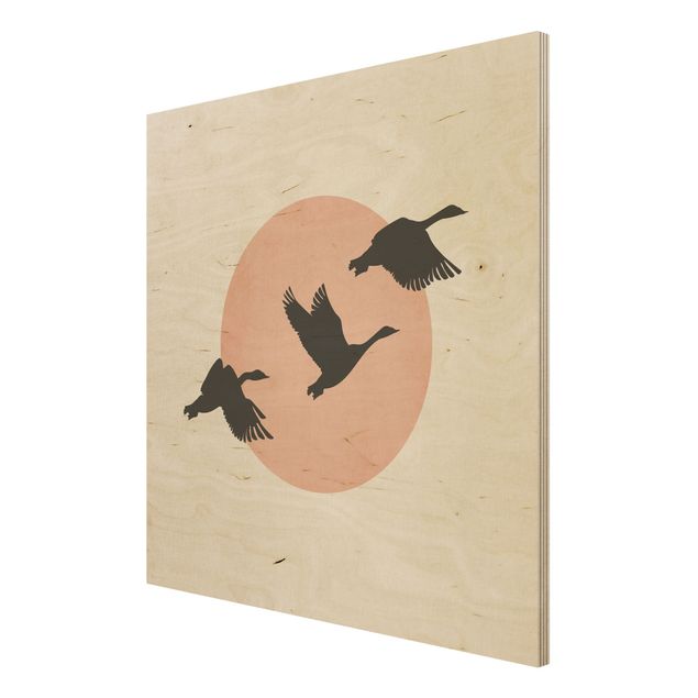 Stampa su legno - Uccelli davanti al sole rosa III - Quadrato 1:1