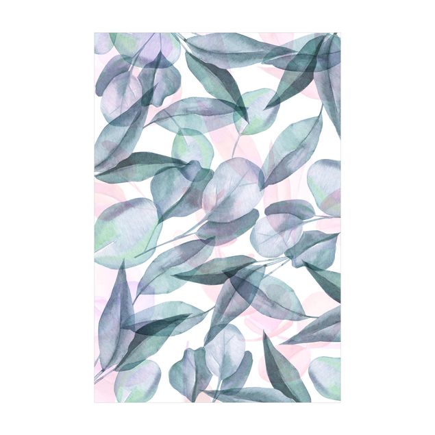 Tappeto in colori pastello Acquerello di foglie di eucalipto blu e rosa