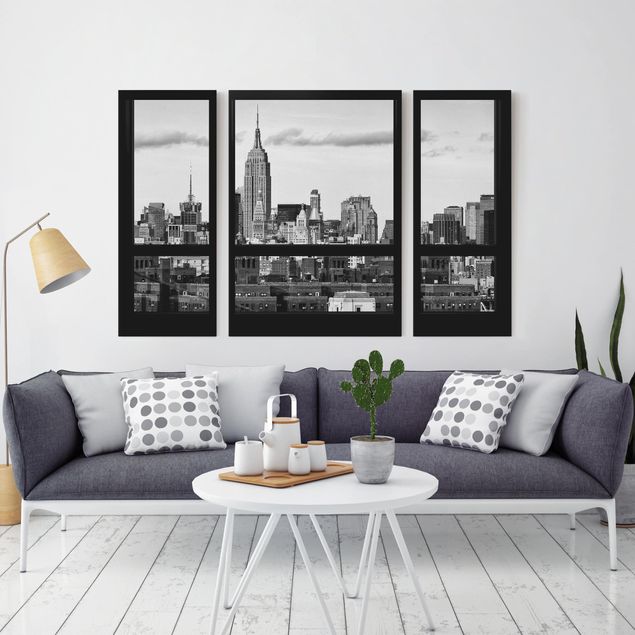 Stampa su tela città Finestre con vista sullo Skyline di New York in bianco e nero