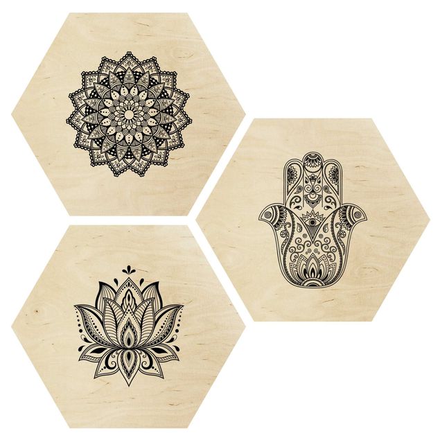 Esagono in legno - Set Mandala mano di Hamsa Lotus On White