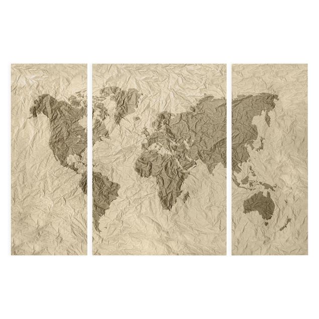 Stampa su tela 3 parti - Paper world map Beige Brown - Trittico