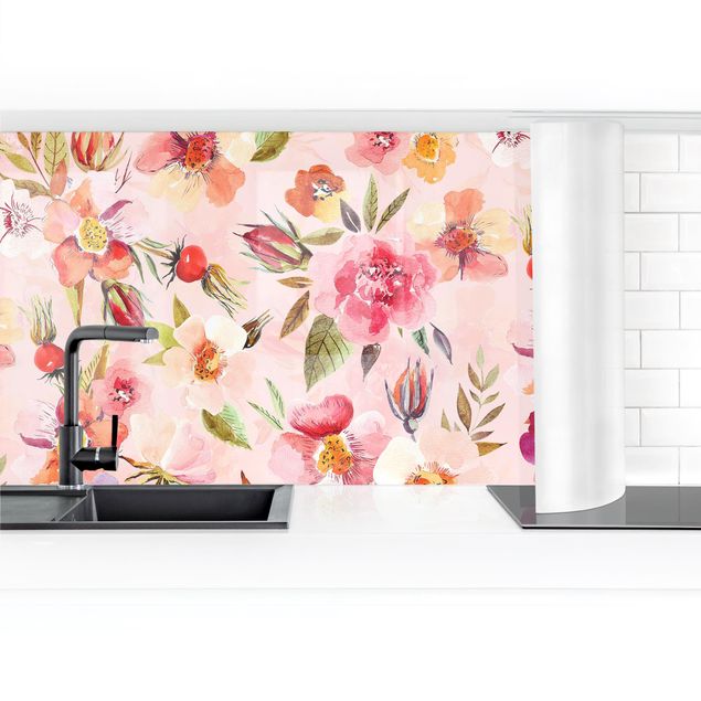 rivestimenti moderni cucina Fiori ad acquerello su rosa chiaro
