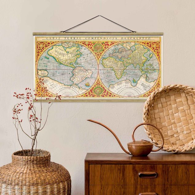Foto su tessuto da parete con bastone - Storico Mappa del mondo Orbis Descriptio Terrare compendiosa - Orizzontale 1:2
