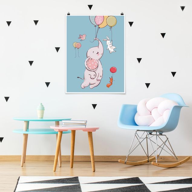 Poster cameretta bambini animali Elefante, coniglio e scoiattolo in volo