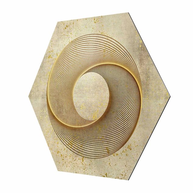 Esagono in Alluminio Dibond - Line Art cerchio d'oro a spirale
