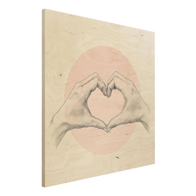 Stampa su legno - Illustrazione Cuore cerchio mani Rosa Bianco - Quadrato 1:1