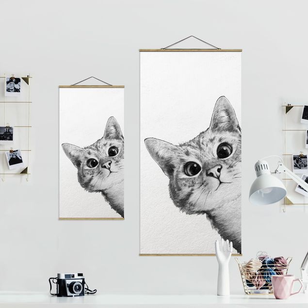 Quadro su tessuto con stecche per poster - Laura Graves - Illustrazione Cat Disegno Nero Bianco - Verticale 2:1