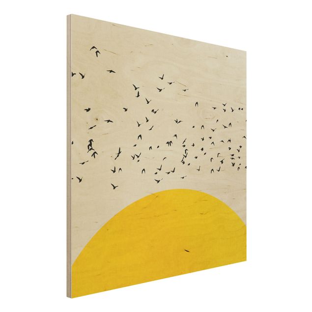 Stampa su legno - Stormo di uccelli davanti al sole dorato - Quadrato 1:1