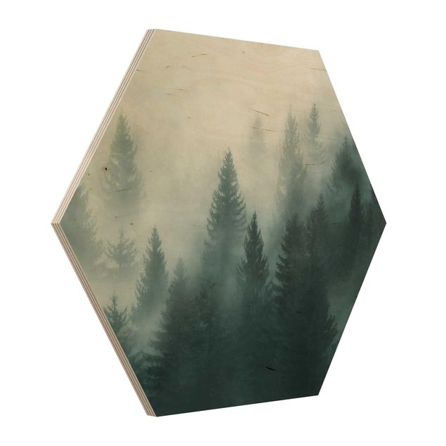 Esagono in legno - Foresta di conifere In Nebbia