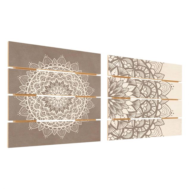 Quadro in legno effetto pallet - Mandala Illustrazione Shabby Set Beige Bianco - Quadrato 1:1