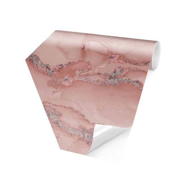 Carta da parati esagonale adesiva con disegni - Esperimenti di colore marmo rosa e brillantini