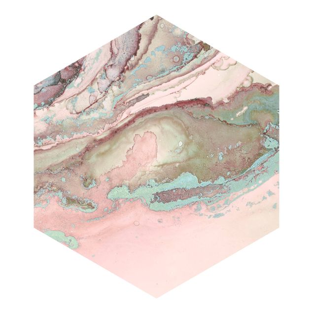 Carta da parati esagonale adesiva con disegni - Esperimenti di colore marmo rosa e turchese