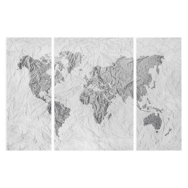 Stampa su tela 3 parti - Paper world map White Gray - Trittico