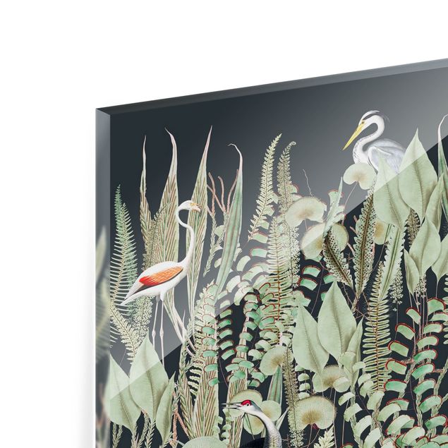 Paraschizzi in vetro - Fenicottero e cicogna con piante su sfondo verde - Formato orizzontale 3:2