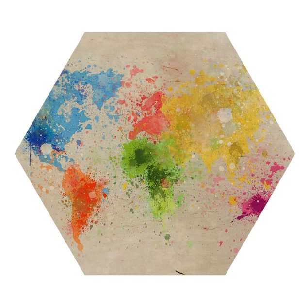 Esagono in legno - Colorful schizzi Mappa del mondo
