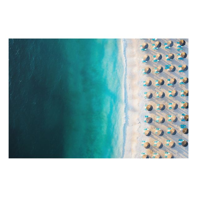 Paraschizzi in vetro - Spiaggia sabbiosa bianca con ombrelloni di paglia - Formato orizzontale 3:2