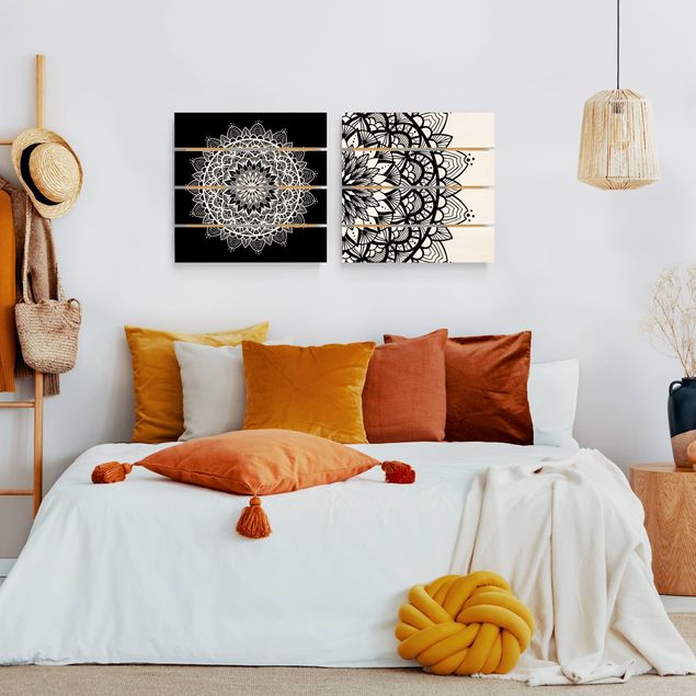 Quadro in legno effetto pallet - Mandala Illustrazione Shabby Set Nero Bianco - Quadrato 1:1