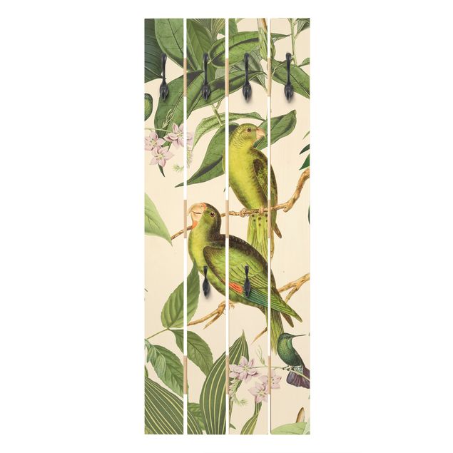 Appendiabiti in legno - Vintage Collage - Pappagalli In The Jungle - Ganci cromati - Verticale
