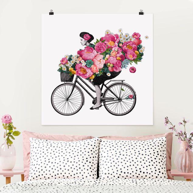 Poster - Illustrazione Donna in bicicletta Collage fiori variopinti - Quadrato 1:1