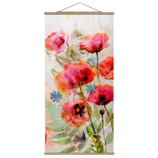 Quadro su tessuto con stecche per poster - Acquerello fiori di papavero - Verticale 2:1