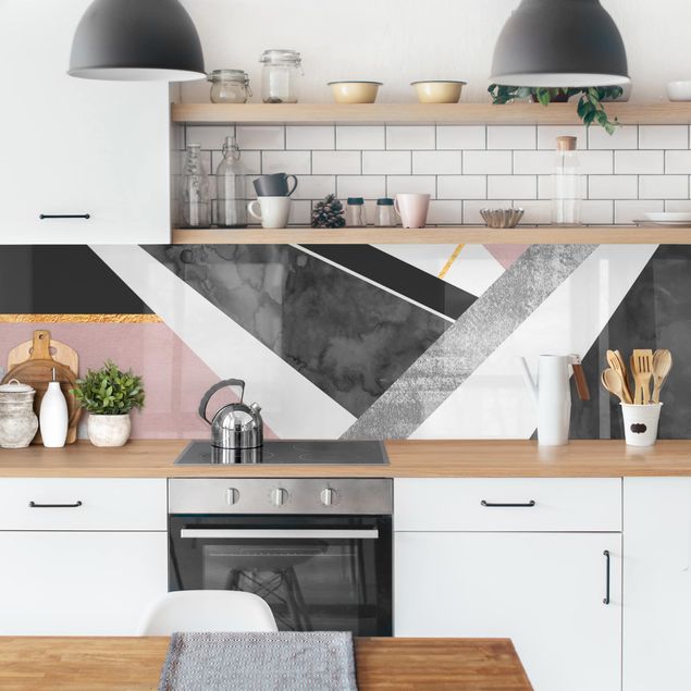 rivestimento adesivo cucina Geometria in bianco e nero con oro