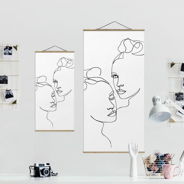 Quadro su tessuto con stecche per poster - Line Art Faces donne Bianco e nero - Verticale 2:1