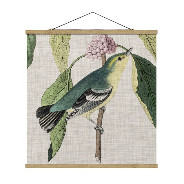 Quadro su tessuto con stecche per poster - Uccello su lino rosa I - Quadrato 1:1