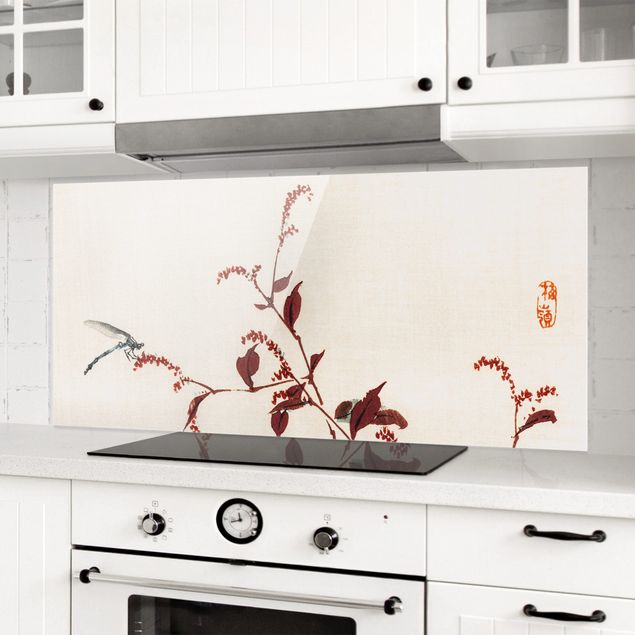 paraschizzi cucina vetro magnetico Disegno vintage asiatico ramo rosso con libellula