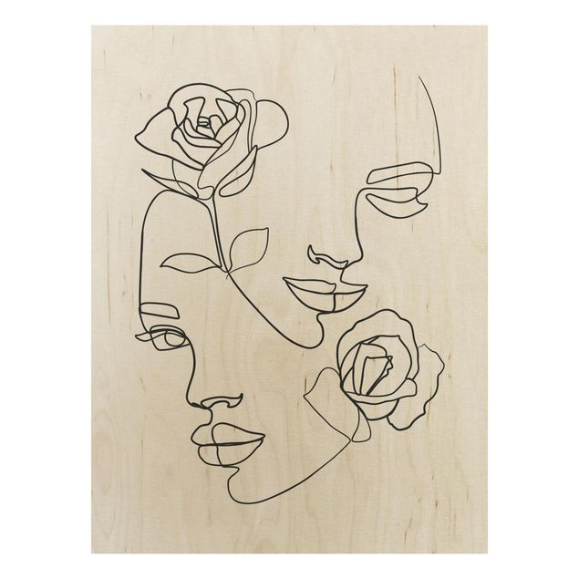Stampa su legno - Line Art Faces donne Roses Bianco e nero - Verticale 4:3