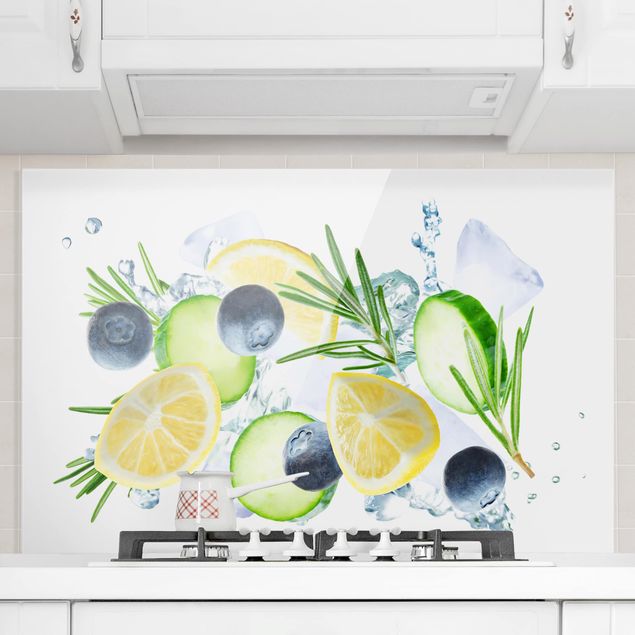 paraschizzi cucina vetro magnetico Mirtilli, limone, ghiaccio spruzzato