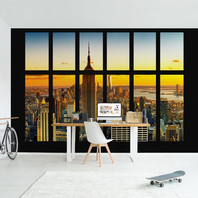 carta da parati 3d finestra Vista dalla finestra di Manhattan al tramonto