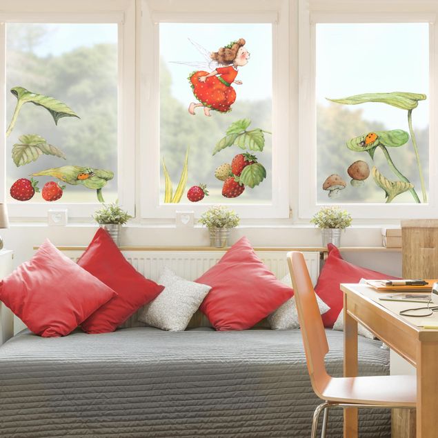 Pellicola per vetri con uccelli The Strawberry Fairy - Foglie e fragole