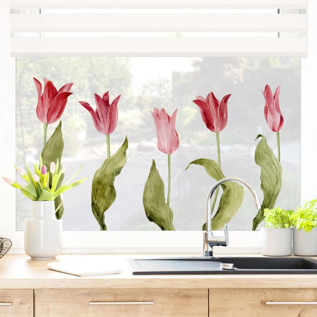 Adesivi da finestra - Red Tulips Watercolor