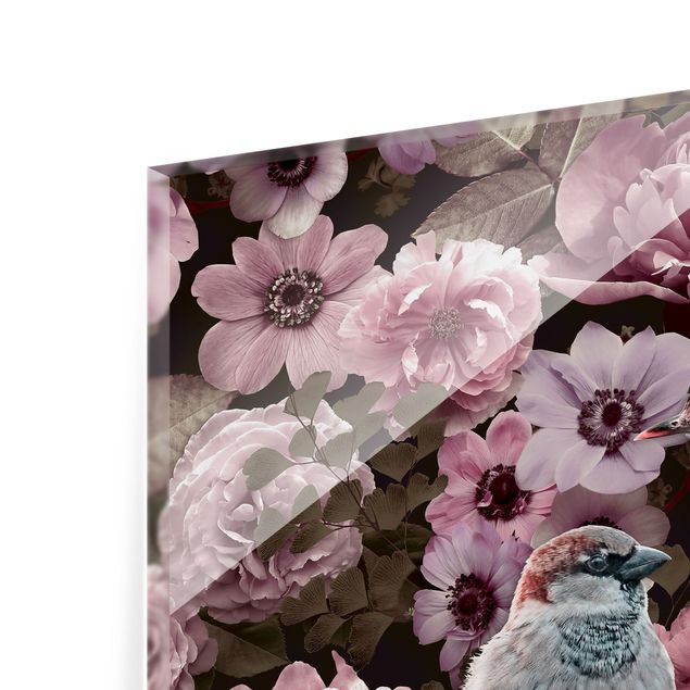 Paraschizzi in vetro - Paradiso floreale con passerotti in rosa antico - Quadrato 1:1