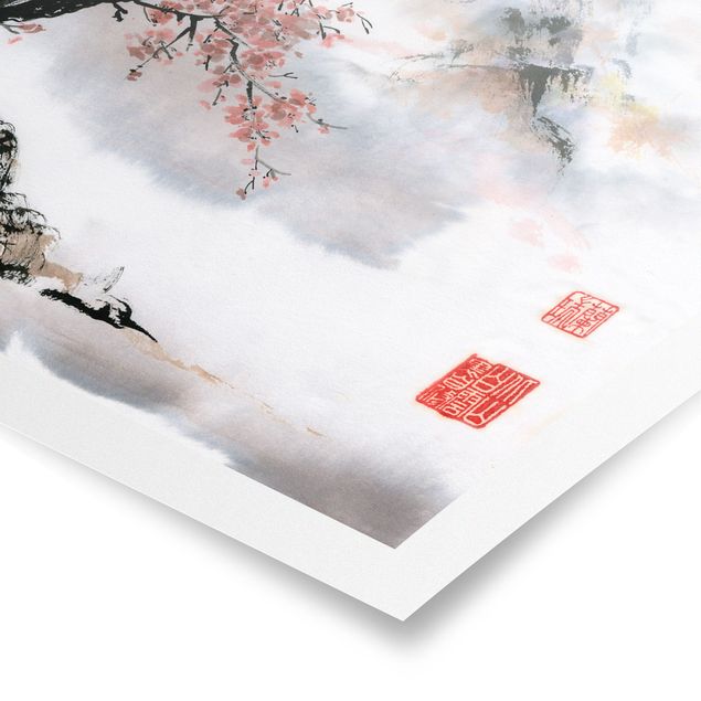 Poster - Giapponese disegno ad acquerello Ciliegio E Montagne - Verticale 4:3