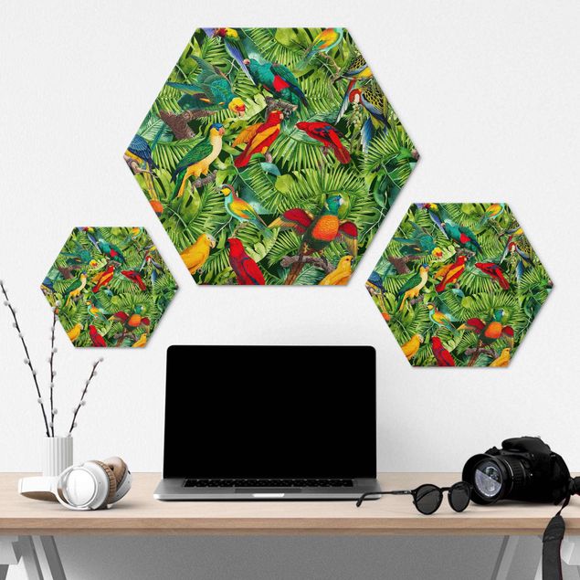 Esagono in Alluminio Dibond - Colorato collage - Parrot In The Jungle