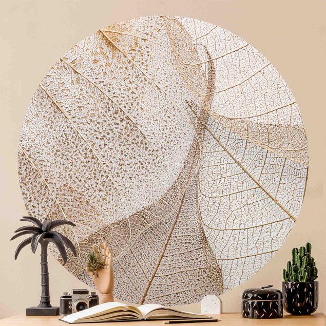 Fotomurale rotondo Delicata struttura di foglie in oro