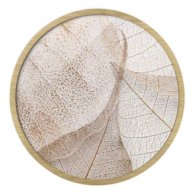 Quadro rotondo incorniciato - Struttura delicata di foglie in oro