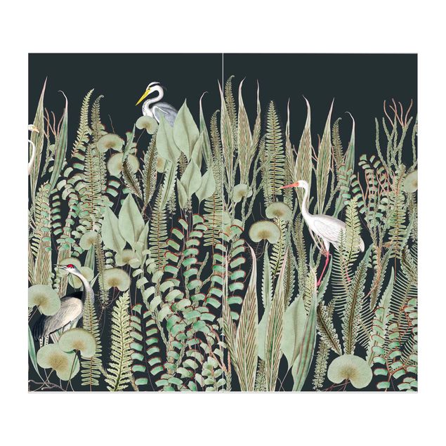 Rivestimento per doccia - Fenicottero e cicogna con piante su sfondo verde