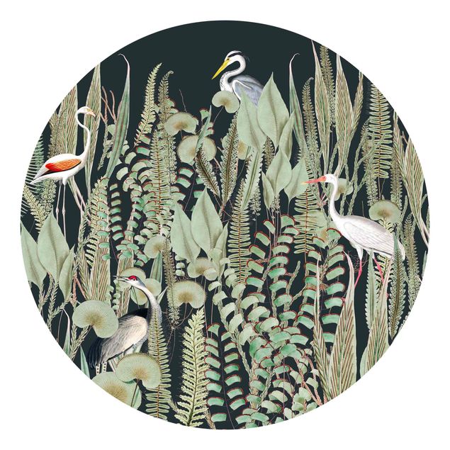 Carta da parati rotonda autoadesiva - Flamingo e cicogna con le piante su verde