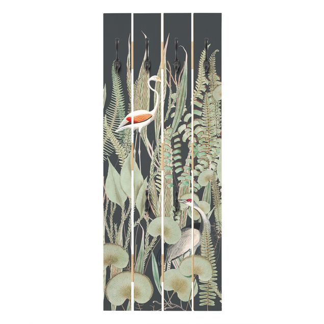 Appendiabiti in legno - Fenicottero e cicogna con piante su sfondo verde