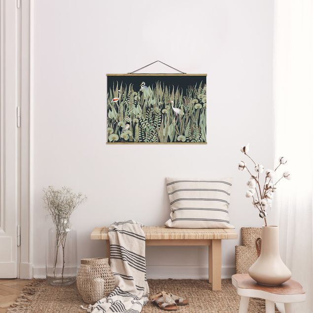 Foto su tessuto da parete con bastone - Fenicottero e cicogna con piante su sfondo verde - Orizzontale 3:2