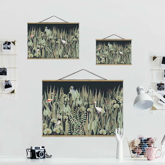 Foto su tessuto da parete con bastone - Fenicottero e cicogna con piante su sfondo verde - Orizzontale 3:2