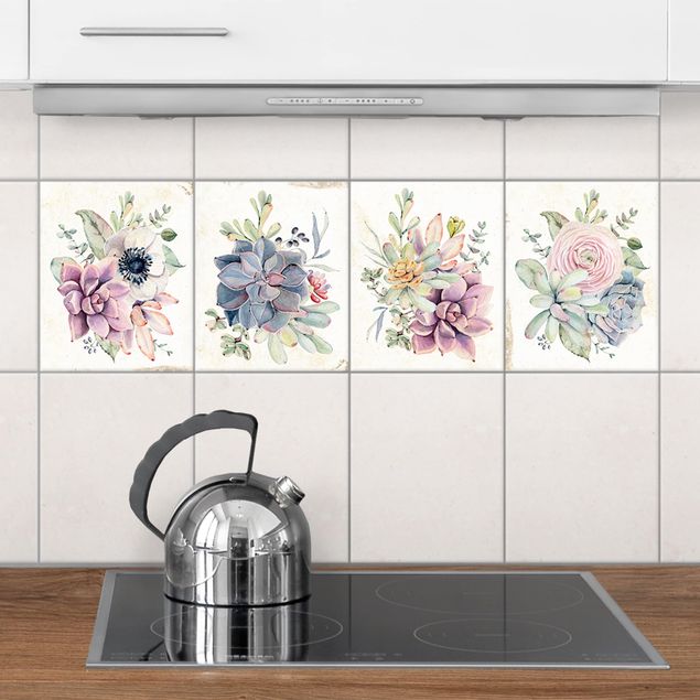 Adesivo per piastrelle - Watercolor Flower Cottage 10x10 cm