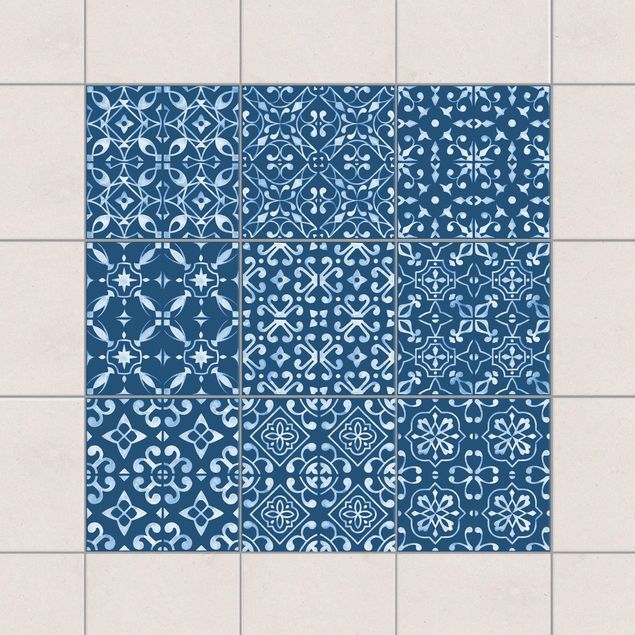 Adesivo per piastrelle - Dark Blue White Pattern Series - Mix 10cm x 10cm