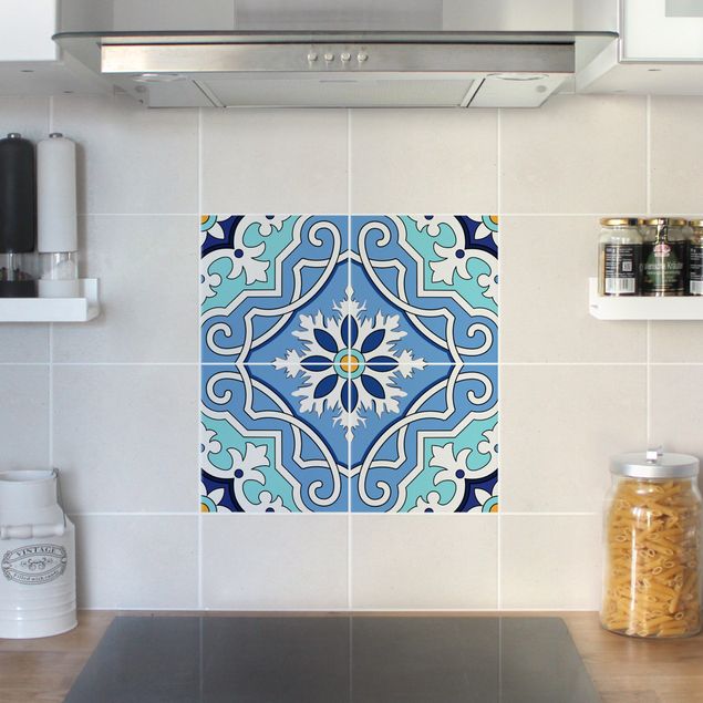 Adesivo per piastrelle - Set - Spanish tile pattern of 4 tiles turquoise 10cm x 10cm