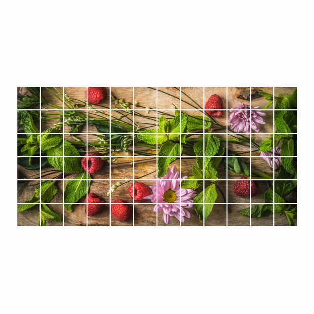 Adesivo per piastrelle - Flowers raspberry mint