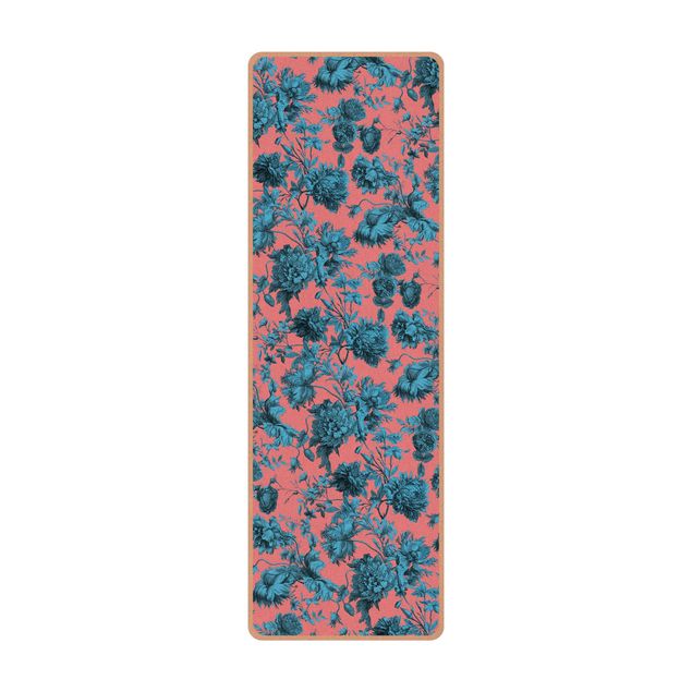 Tappetino yoga - Incisione sul rame floreale corallo blu